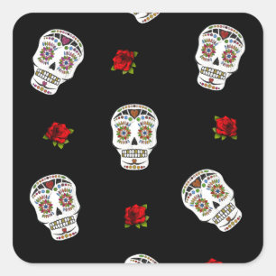 Sticker Carré RAB Rockabilly Sugar Skulls Roses On Black