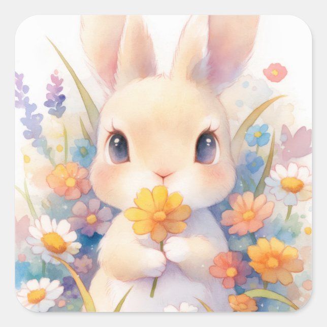 Sticker Carré Rabbit with Yellow Flower and Spring Wildflower (Devant)