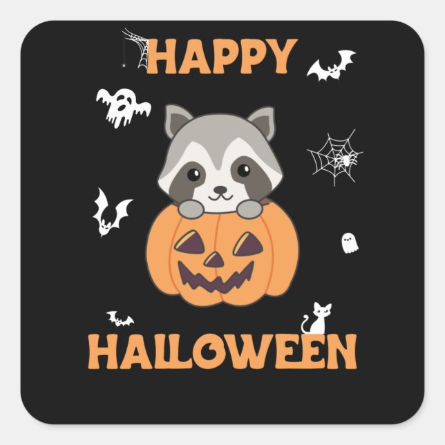 Sticker Carré Raccin En Citrouille Sweet Raccoon Halloween heure (Devant)