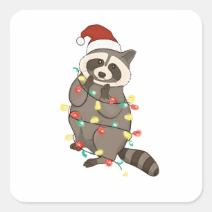 Sticker Carré Raccoon Joyeux Noël Lumières Santa Chapon Xmas Nei