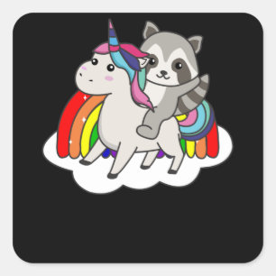 Sticker Carré Raccoon Unicorn Rainbow Animaux Unicornes