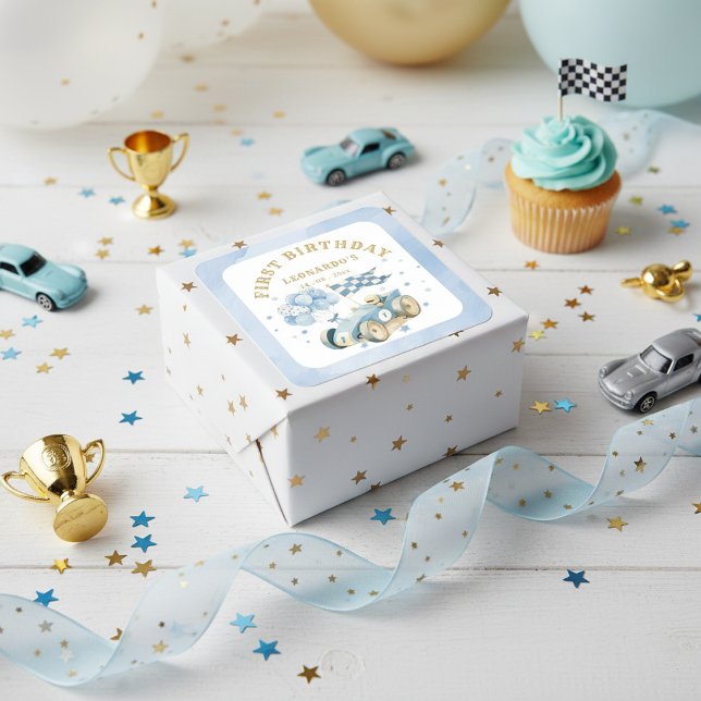 Sticker Carré Race Car Blue Watercolor Boy First Birthday (Créateur téléchargé)