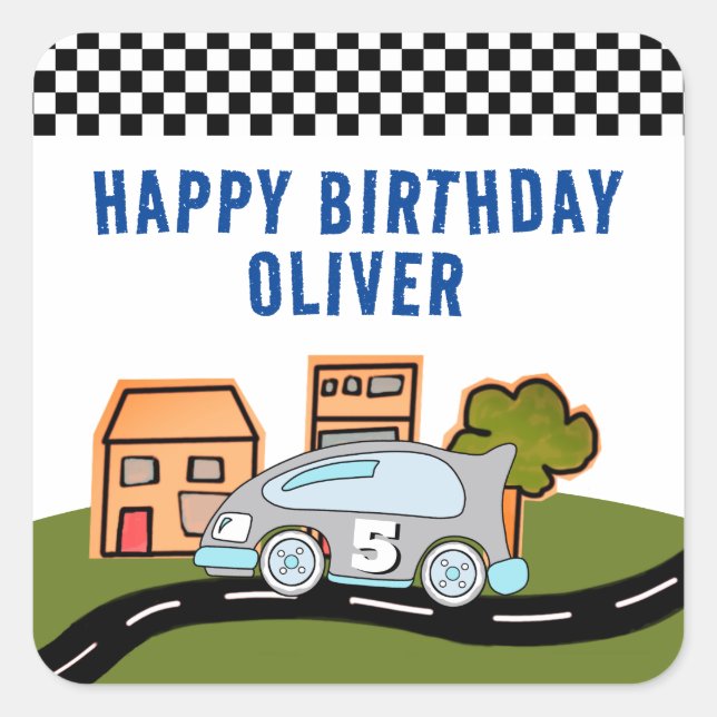 Sticker Carré Racing Car Road Maisons Nom Joyeux Anniversaire (Devant)