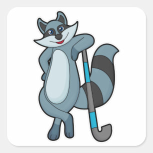 Sticker Carré Racoon à Hockey avec bâton de hockey