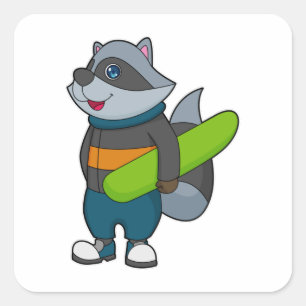 Sticker Carré Racoon as Snowboarder avec snowboard