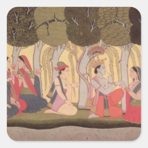 Sticker Carré Radha et Krishna assis dans un bosquet, Kulu