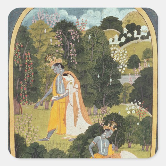 Sticker Carré Radha et Krishna marchant dans un bois (Devant)