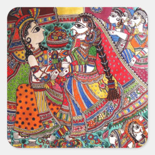 STICKER CARRÉ RADHA KRISHNA HINDU GODS MADHUBANI ART STYLE
