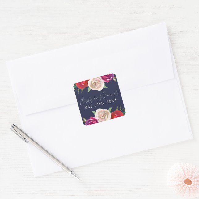 Sticker Carré Radial Floral Navy Bleu Bourgogne Rouge Mariage (Enveloppe)