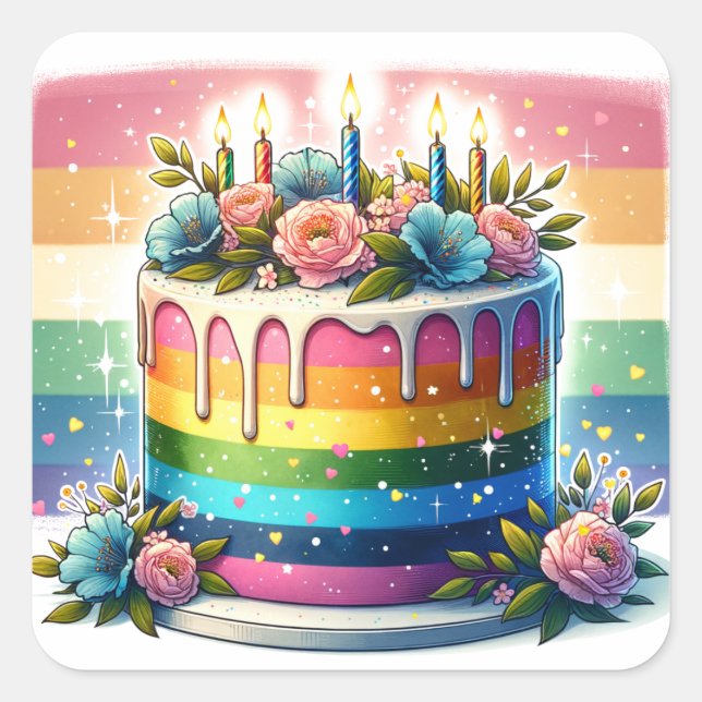 Sticker Carré Rainbow Cake Joyeux anniversaire (Devant)