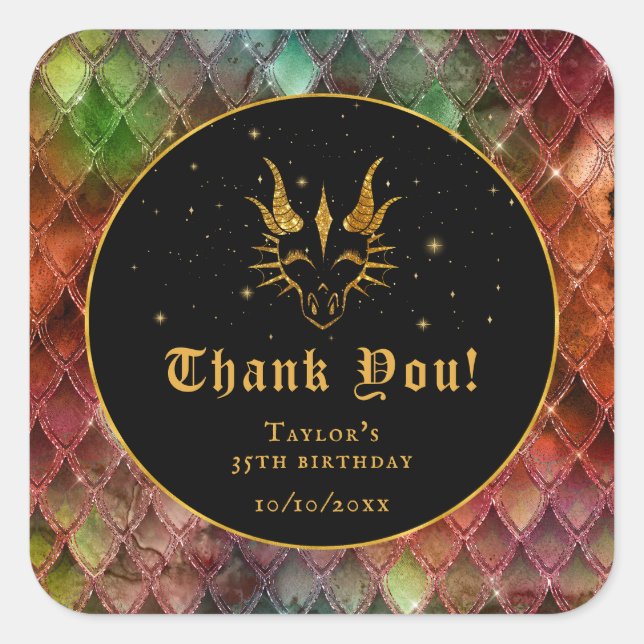 Sticker Carré Rainbow Dragon Scales Or Anniversaire Merci (Devant)