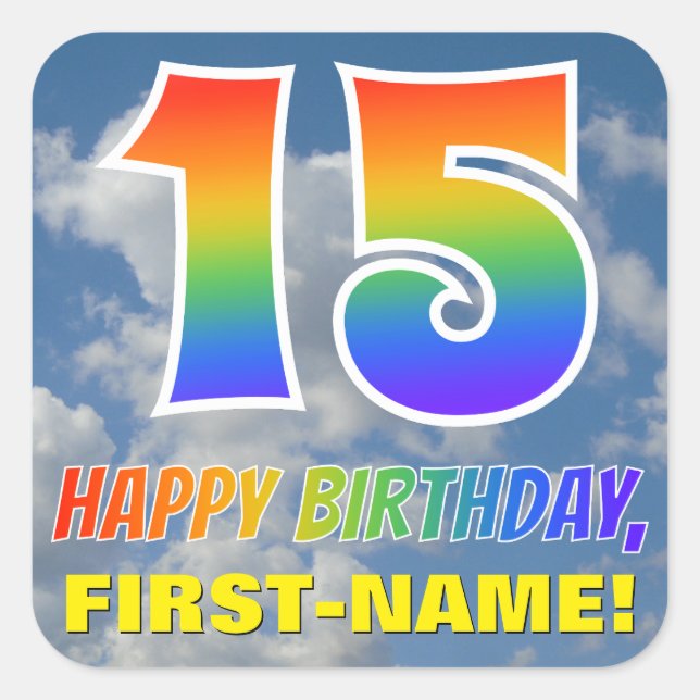 Sticker Carré Rainbow Look "15" & "HAPPY BANTHDAY", Nuages, Sky (Devant)