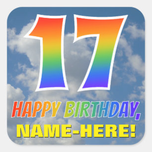 Sticker Carré Rainbow Look "17" & "HAPPY BANTHDAY", Nuages, Sky