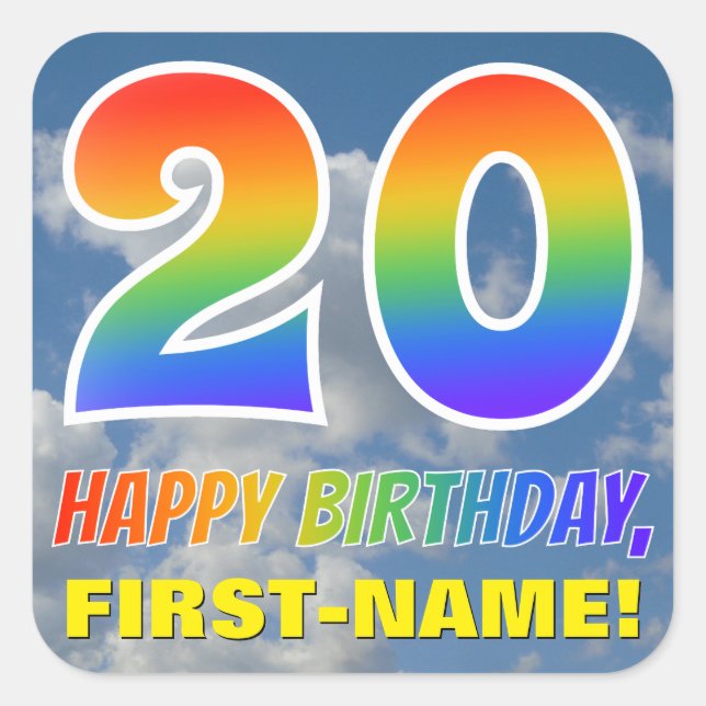 Sticker Carré Rainbow Look "20" & "HAPPY BANTHDAY", Nuages, Sky (Devant)