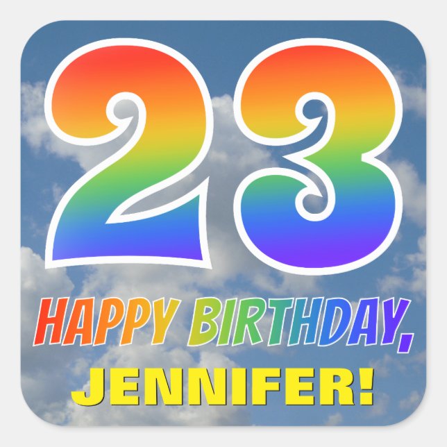 Sticker Carré Rainbow Look "23" & "HAPPY BANTHDAY", Nuages, Sky (Devant)