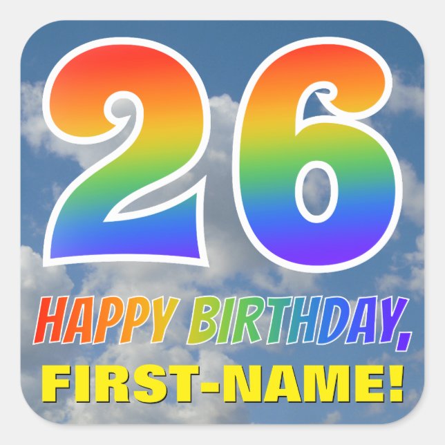 Sticker Carré Rainbow Look "26" & "HAPPY BANTHDAY", Nuages, Sky (Devant)