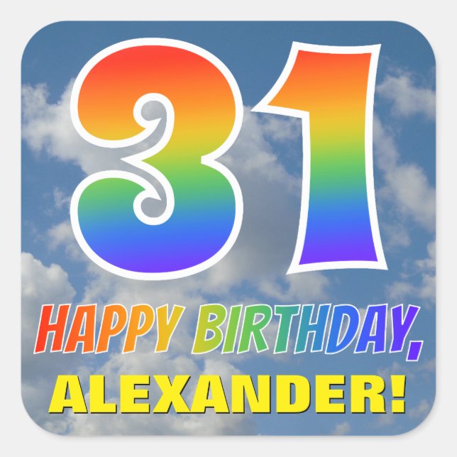 Sticker Carré Rainbow Look "31" & "HAPPY BANTHDAY", Nuages, Sky (Devant)