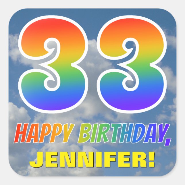 Sticker Carré Rainbow Look "33" & "HAPPY BANTHDAY", Nuages, Sky (Devant)