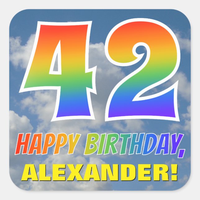 Sticker Carré Rainbow Look "42" & "HAPPY BANTHDAY", Nuages, Sky (Devant)
