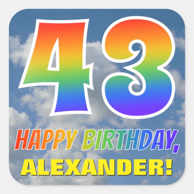 Sticker Carré Rainbow Look "43" & "HAPPY BANTHDAY", Nuages, Sky (Devant)