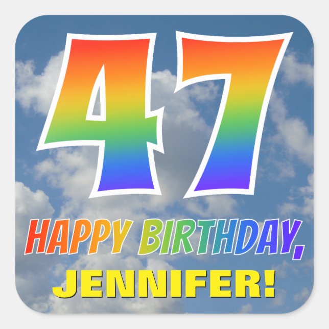 Sticker Carré Rainbow Look "47" & "HAPPY BANTHDAY", Nuages, Sky (Devant)