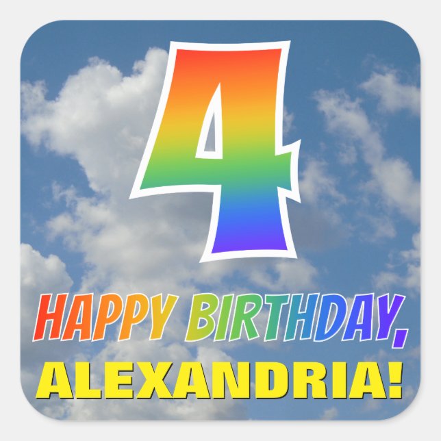 Sticker Carré Rainbow Look "4" & "HEUREUX ANNIVERSAIRE", Nuages, (Devant)