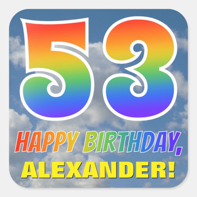 Sticker Carré Rainbow Look "53" & "HAPPY BANTHDAY", Nuages, Sky (Devant)