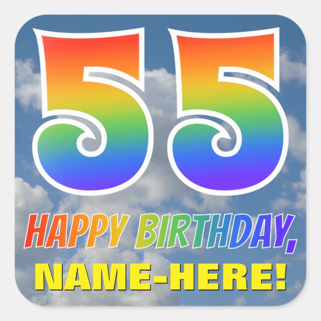 Sticker Carré Rainbow Look "55" & "HAPPY BANTHDAY", Nuages, Sky (Devant)