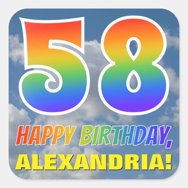 Sticker Carré Rainbow Look "58" & "HAPPY BANTHDAY", Nuages, Sky (Devant)