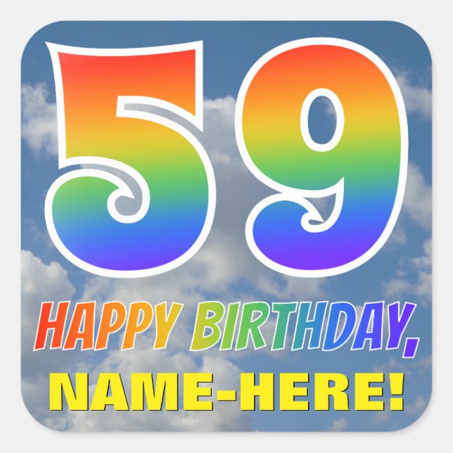 Sticker Carré Rainbow Look "59" & "HAPPY BANTHDAY", Nuages, Sky (Devant)