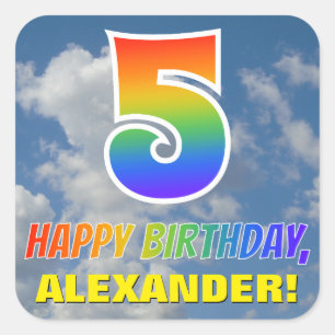 Sticker Carré Rainbow Look "5" & "HEUREUX ANNIVERSAIRE", Nuages,