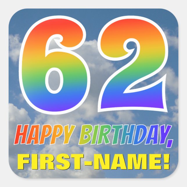 Sticker Carré Rainbow Look "62" & "HAPPY BANTHDAY", Nuages, Sky (Devant)