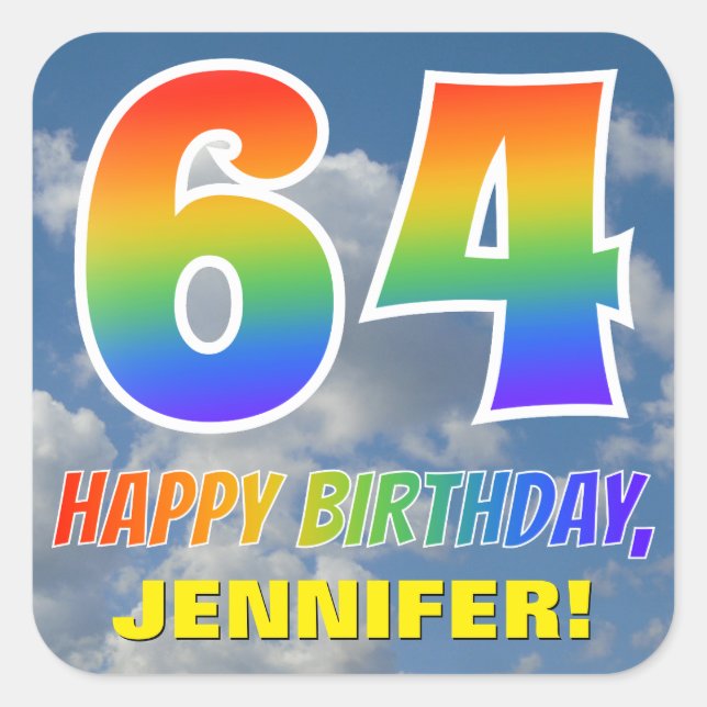 Sticker Carré Rainbow Look "64" & "HAPPY BANTHDAY", Nuages, Sky (Devant)