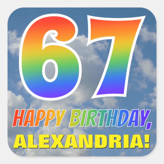 Sticker Carré Rainbow Look "67" & "HAPPY BANTHDAY", Nuages, Sky (Devant)