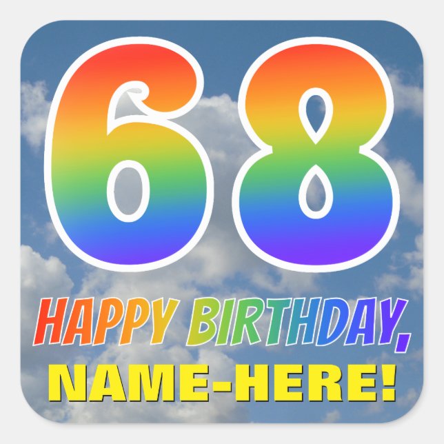 Sticker Carré Rainbow Look "68" & "HAPPY BANTHDAY", Nuages, Sky (Devant)