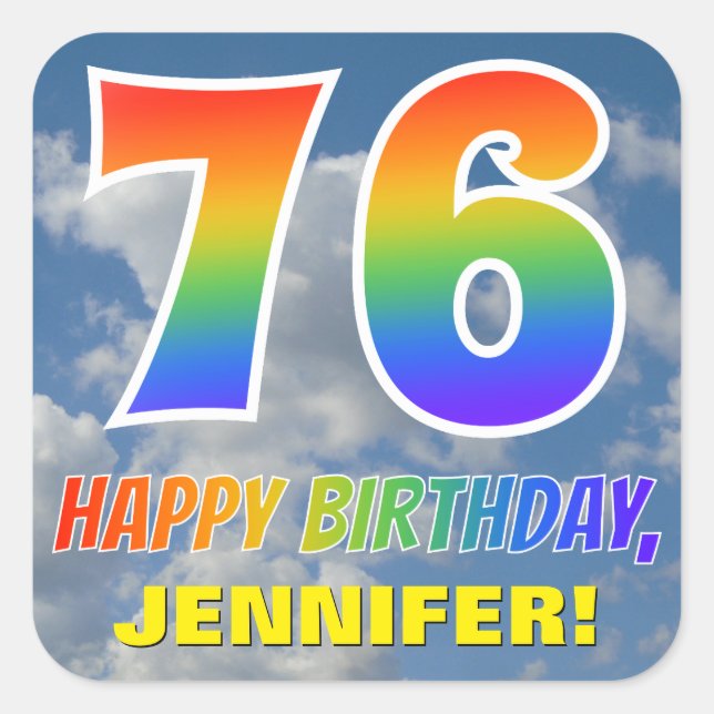 Sticker Carré Rainbow Look "76" & "HAPPY BANTHDAY", Nuages, Sky (Devant)