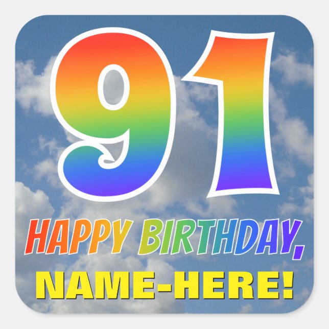 Sticker Carré Rainbow Look "91" & "HAPPY BANTHDAY", Nuages, Sky (Devant)