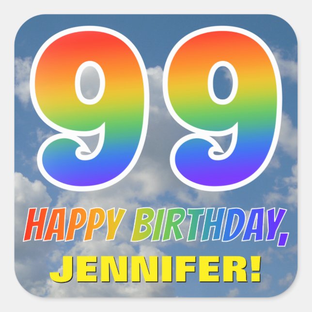 Sticker Carré Rainbow Look "99" & "HAPPY BANTHDAY", Nuages, Sky (Devant)