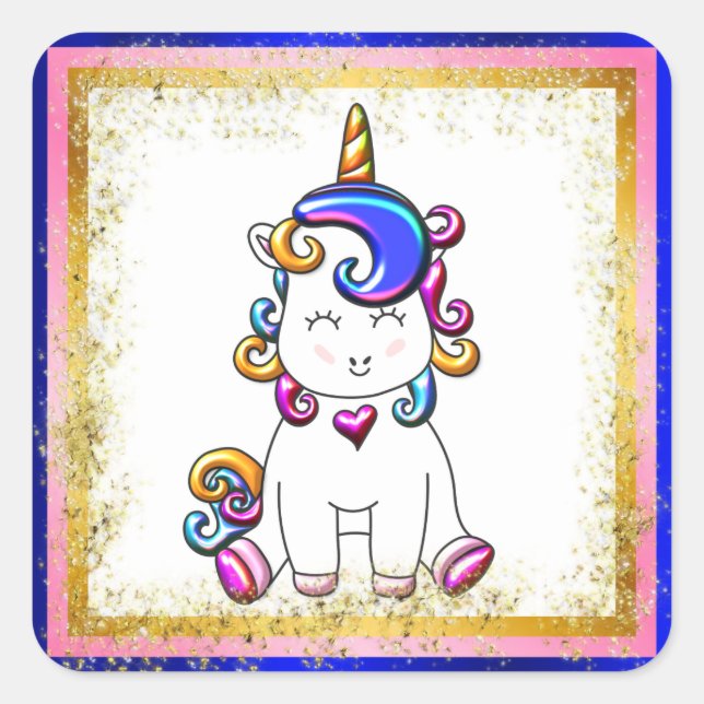 Sticker Carré Rainbow Unicorn Blue, Parties scintillant or (Devant)