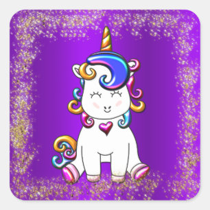 Sticker Carré Rainbow Unicorn Parties scintillant violet