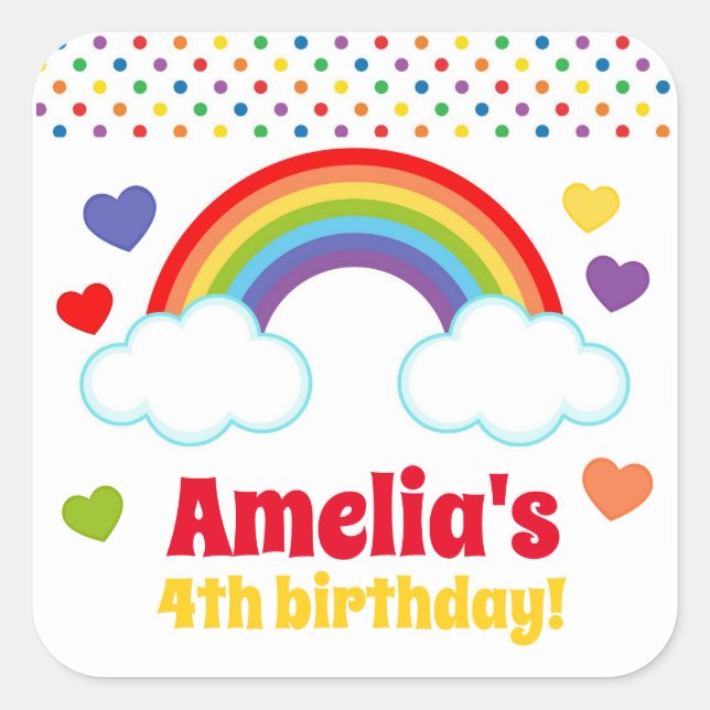 Sticker Carré Rainbows Coeurs et Dots Filles Anniversaire (Devant)