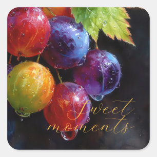 Sticker Carré Raisins et gouttes de rosée aquarelles vibrants