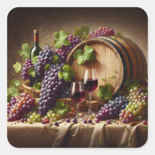Sticker Carré Raisins et vin vie morte