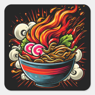Sticker Carré Ramen Épicé Art de Rue des Nouilles Japonaises