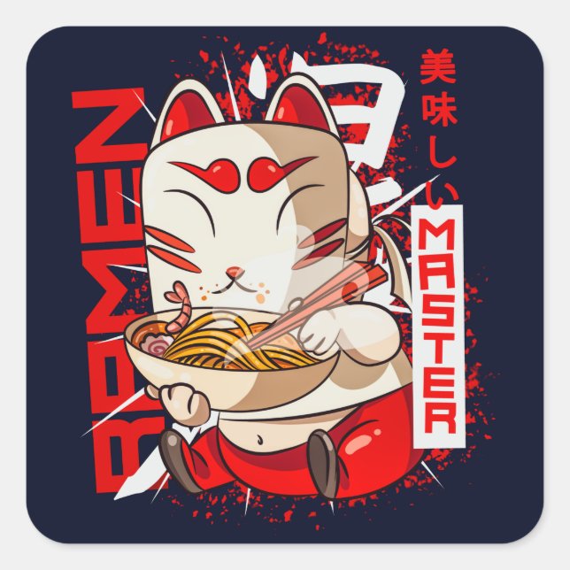 Sticker Carré Ramen Master Kitsune Kawaii Fox (Devant)