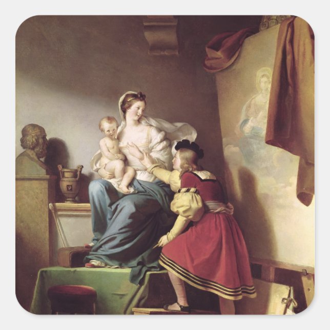 Sticker Carré Raphael ajustant la pose de son modèle sien (Devant)