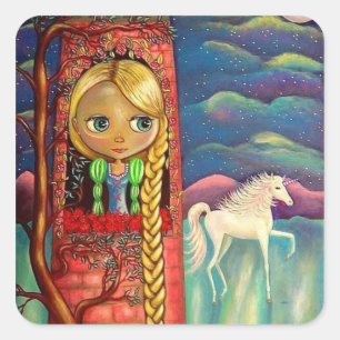 Sticker Carré Rapunzel dans la tour rose avec l'ami Unicorn
