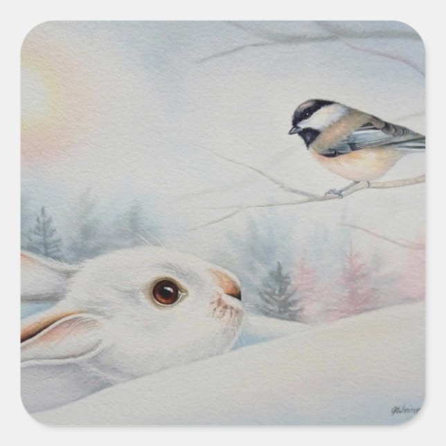Sticker Carré Raquette à neige Rabbit & Chickadee Oiseau Aquarel (Devant)