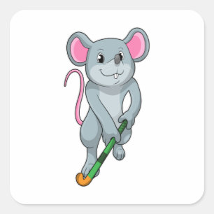 Sticker Carré Rat au hockey avec chauve-souris de hockey