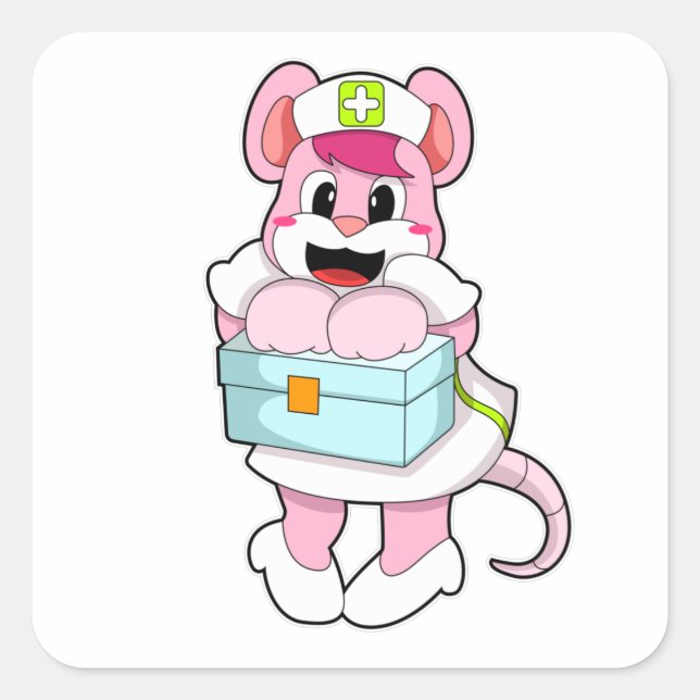 Sticker Carré Rat comme infirmière avec boîte (Devant)
